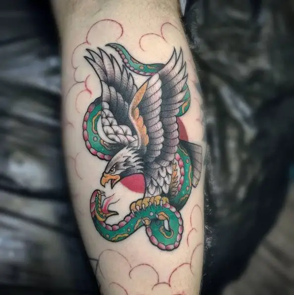 Black Eagle and Colored Snake Forearm Tattoo