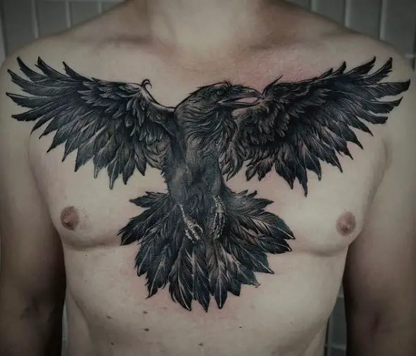 Black Feather Raven Tattoo on Chest