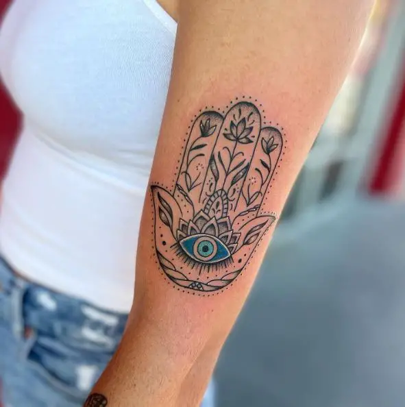 Black Hamsa and Blue Evil Eye Tattoo Piece