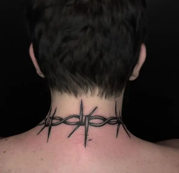 Black Ink Barbed Wire Neck Tattoo