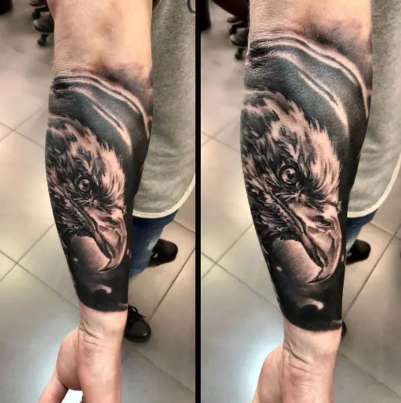 Black Inked Eagle Head Tattoo on Forearm