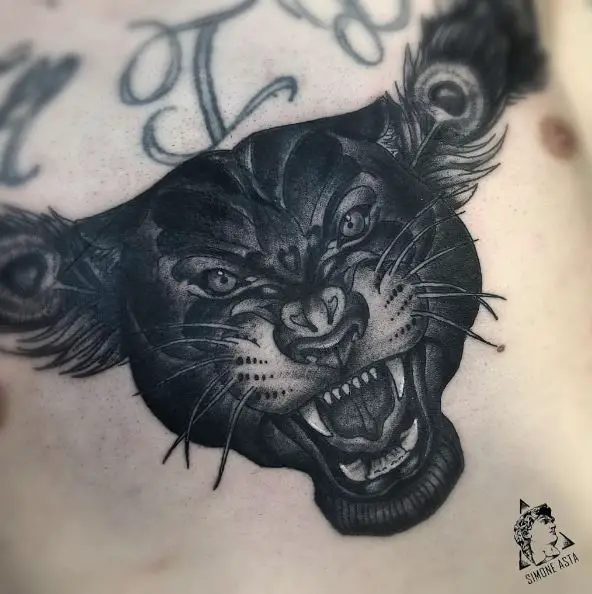 Black Inked Panther Head Tattoo