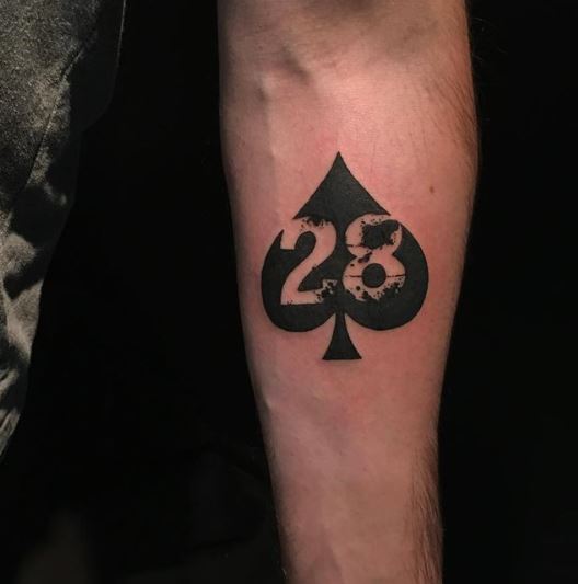 Black Inked Spade Tattoo with Number 28 