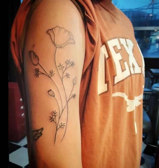 Black Line Poppy Flower Tattoo on Arms