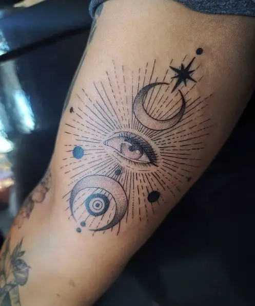 Evil Eye Tattoo with Black Moon and Sparks 