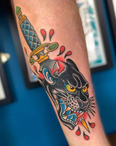 Black Panther Stabbed with Dagger Tattoo