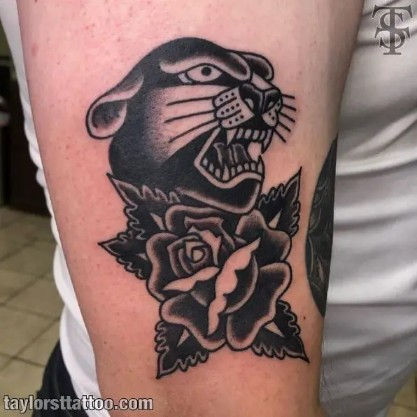 Black Panther and Black Flower Tattoo