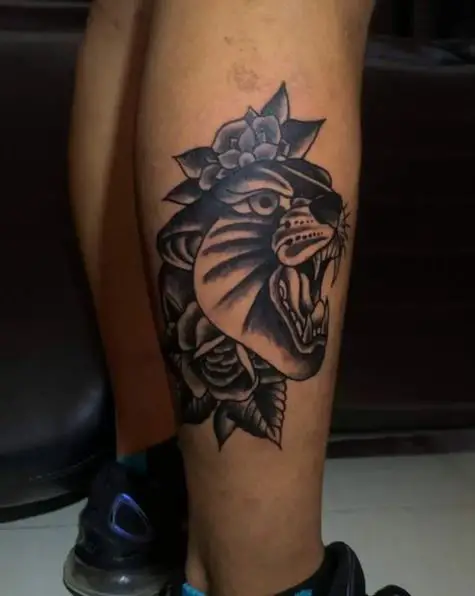 Black Panther and Blue Flower Leg Tattoo