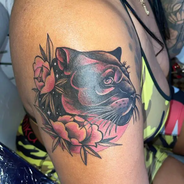 Black Panther and Pink Flower Tattoo
