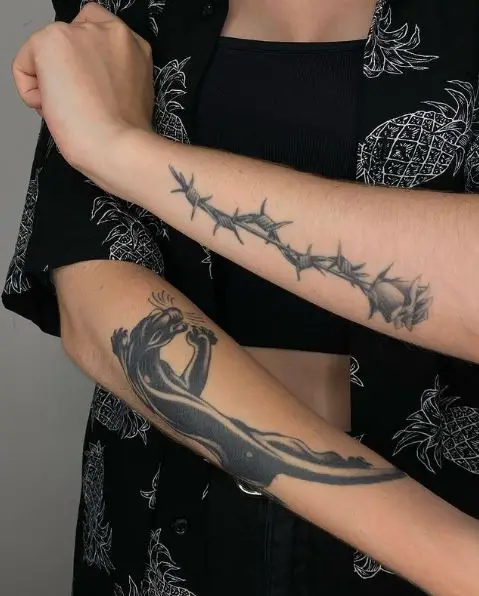 Black Panther and Rose Barbed Wire Hand Tattoo