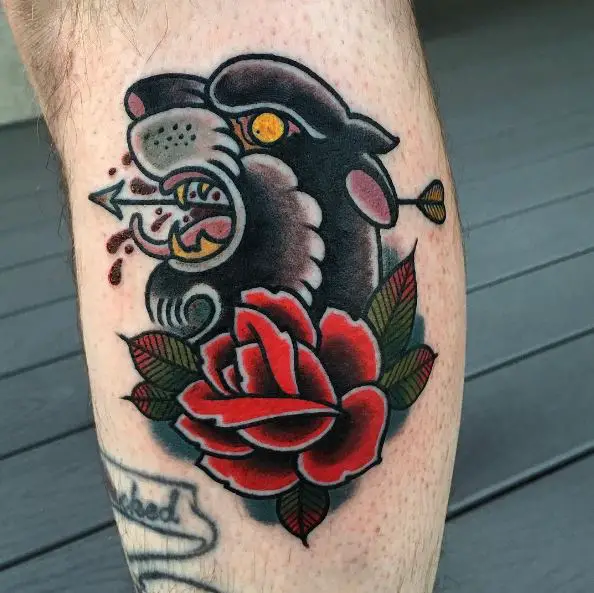 Black Panther with Arrow and Red Flower Tattoo