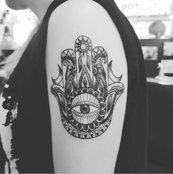 Black Pattern Hamsa Evil Eye Arm Tattoo