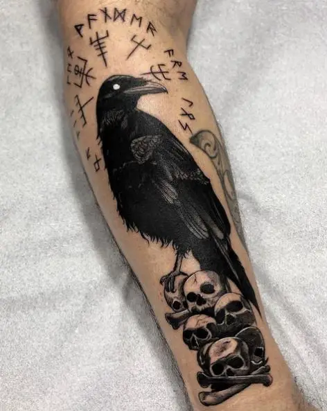 Black Raven Standing on Skull Tattoo