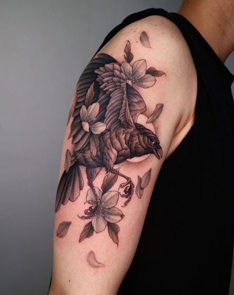 Black Raven and Blue Flowers Tattoo