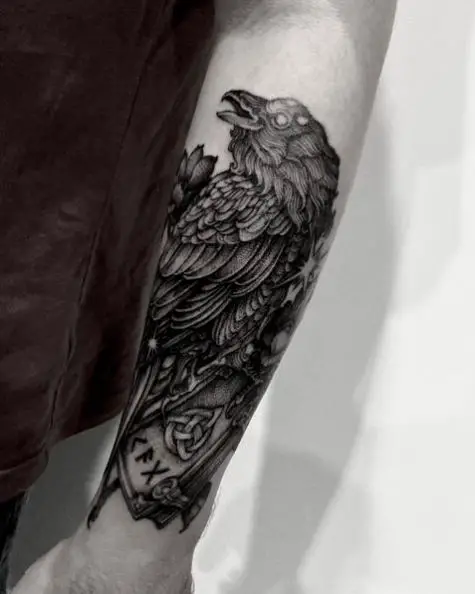 Black Raven with Feathers Tattoo