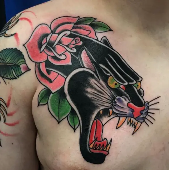 Black Roaring Panther and Pink Flower Tattoo