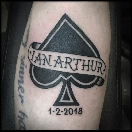 Black Spade Tattoo with Word and Date