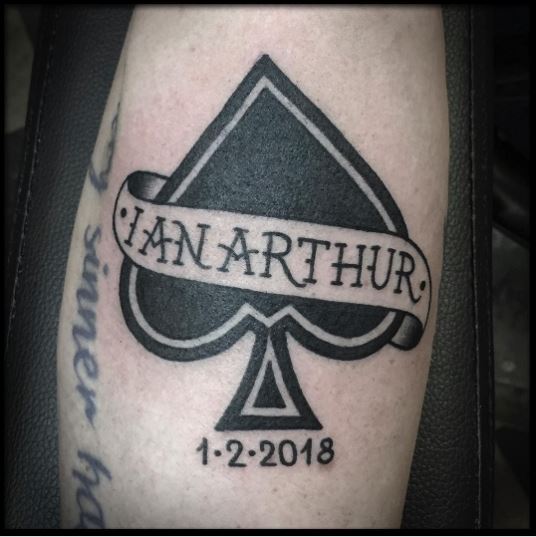 Black Spade Tattoo with Word and Date