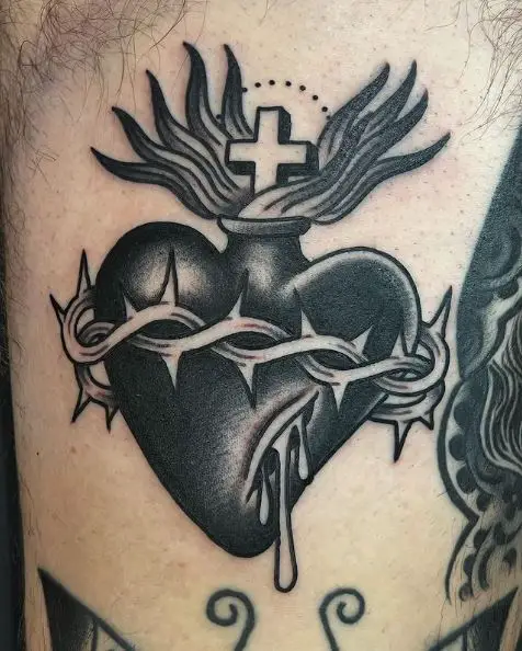 Black Traditional Sacred Heart Tattoo