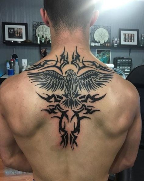 Black Tribal Eagle Back Tattoo
