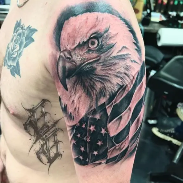Black and Grey American Eagle Tattoo with the Flag