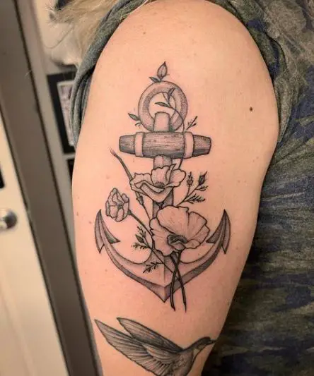 Black and Grey Anchor and Bird Tattoo