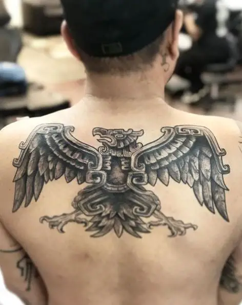 Black and Grey Aztec Eagle Back Tattoo