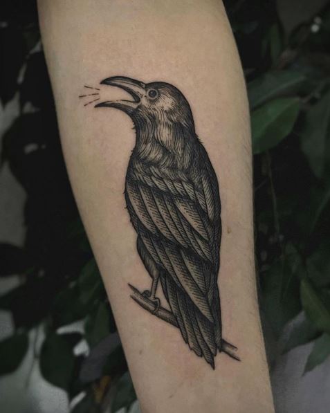 Black and Grey Cawing Raven Tattoo