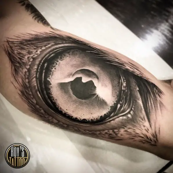 Black and Grey Eagle Eye Forearm Tattoo