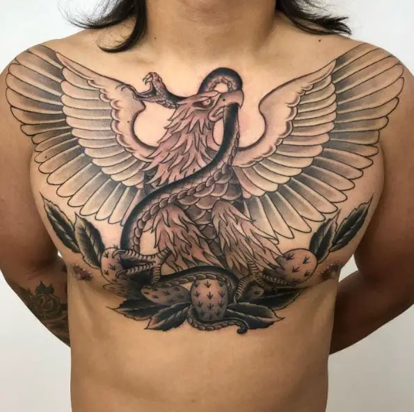 Black and Grey Eagle and Snake Chest Tattoo