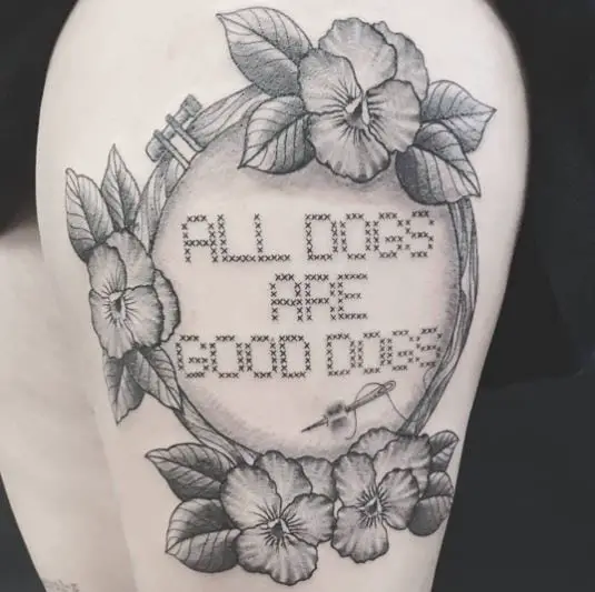 Black and Grey Floral and Quote Cross Stitch Tattoo