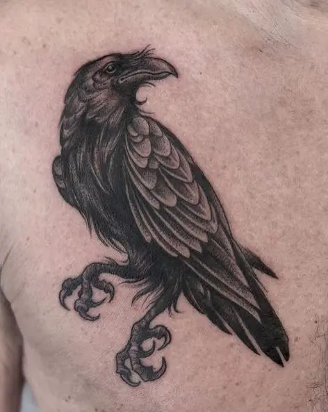 Black and Grey Raven Chest Tattoo