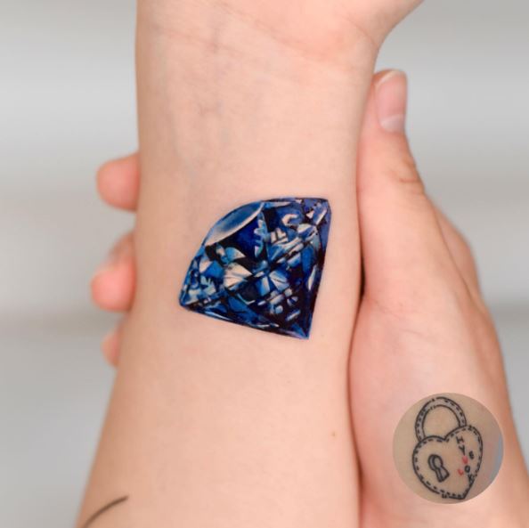 Blue Diamond Jewel Tattoo on the Wrist