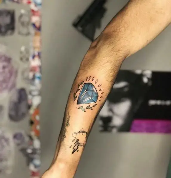 Blue Diamond with Plant Forearm Tattoo