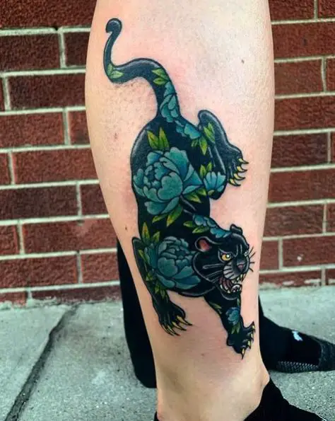 Blue Flowers Panther Tattoo