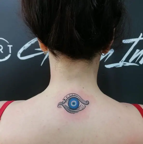 Blue and Black Turkish Evil Eye Back Tattoo