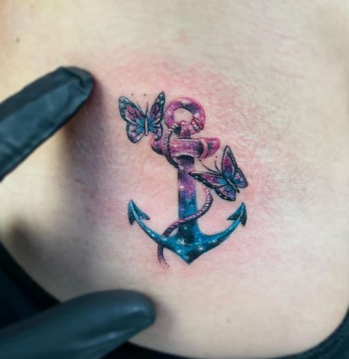 Blue and Purple Anchor with Twin Butterflies Tattoo