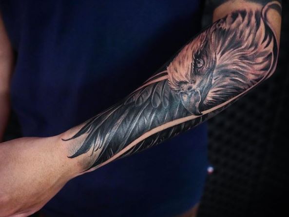 Bold Black Inked Eagle Sleeve Tattoo
