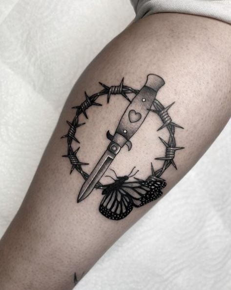 Butterfly and Knife Barbed Wire Tattoo