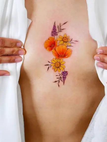 California Poppy, California Goldfields and Silver Lupines Chest Tattoo