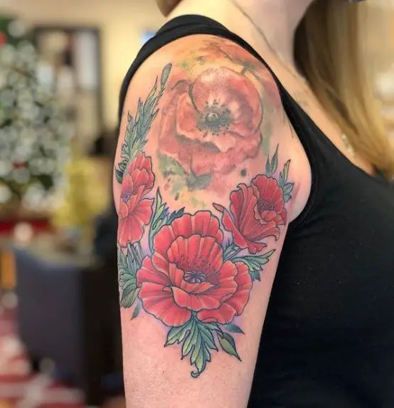 Cartoon Poppy Flowers Arm Tattoo