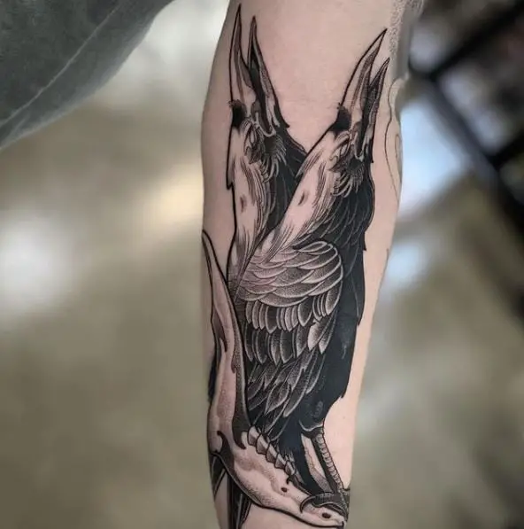 Cawing Crow on a Branch Tattoo Piece