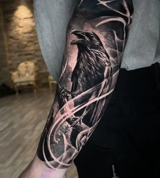Cawing Raven Forearm Tattoo