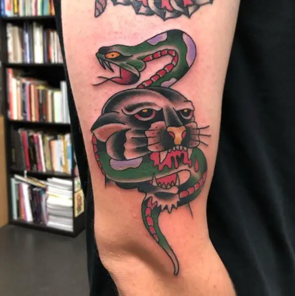 Classic Green Snake and Panther Tattoo