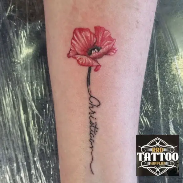 Color Poppy Flower with Lettering Tattoo