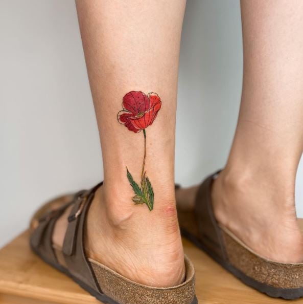 Colored Poppy Flower Ankle Tattoo