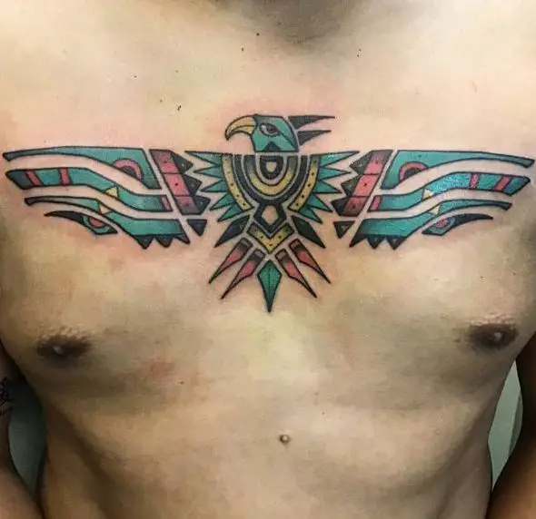 Colorful Aztec Eagle Chest Tattoo