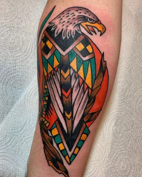 Colorful Aztec Inspired Eagle Tattoo