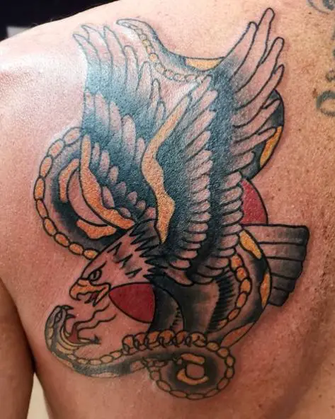 Colorful Eagle and Snake Traditional Tattoo