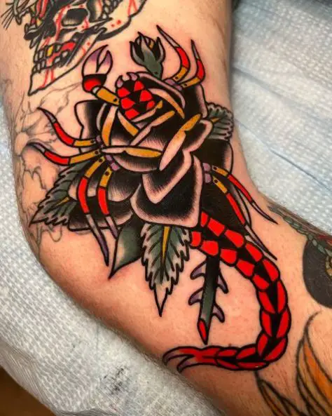 Colorful Scorpion Embedded In Rose Tattoo